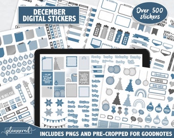 December Digital Stickers, 500+ digital December 2021-2022 Precropped stickers, Blue and Silver Christmas digital planner stickers