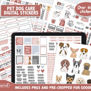 Dog Care Digital Stickers, 600+ Dog care digital sticker set, Precropped stickers for pet care sticker set, pink and grey goodnote stickers