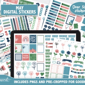 May include: Digital stickers for planners and journals featuring a May theme with dandelion, flower, and rainbow designs in pink, blue, and green colors. The stickers are pre-cropped for Goodnotes and include over 500 stickers.
