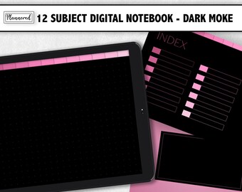 Pink Digital Notebook, 12 Subject Dark Mode Digital Notebook for ipad, dotted digital notebook, pink, black digital notebook, ipad planner