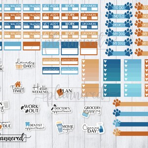 Puede incluir: Un conjunto de pegatinas imprimibles para planificadores con tem&aacute;tica de perros. Las pegatinas son de color azul, naranja y blanco con huellas de patas y texto como "Training", "Dog Walker", "Vet Appt", "Work", "Groomers", "To Do", "Notes", "Priority", "My Dog", "My Dogs", "House Work", "Laundry Day", "Appointment", "Pay Day", "Family Time", "Hello Weekend", "Plan", "Bin Day", "Work Out", "Doctor's Appointment", "Grocery Shopping", "Payment Due", "Dentist Appointment", "Movie Night", y "Cleaning Day".