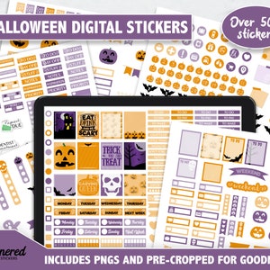Halloween Digital Stickers, 500+ digital halloween stickers, Precropped goodnotes, orange, purple, halloween digital stickers, skull sticker