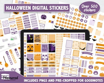Halloween Digital Stickers, 500+ digital halloween stickers, Precropped goodnotes, orange, purple, halloween digital stickers, skull sticker