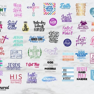 May include: A sheet of colorful stickers with Christian-themed quotes and sayings. The stickers feature a variety of colors, fonts, and designs. Some of the quotes include "Let Your Light Shine", "Jesus Saves", "Faith Over Fear", and "God is Good".
