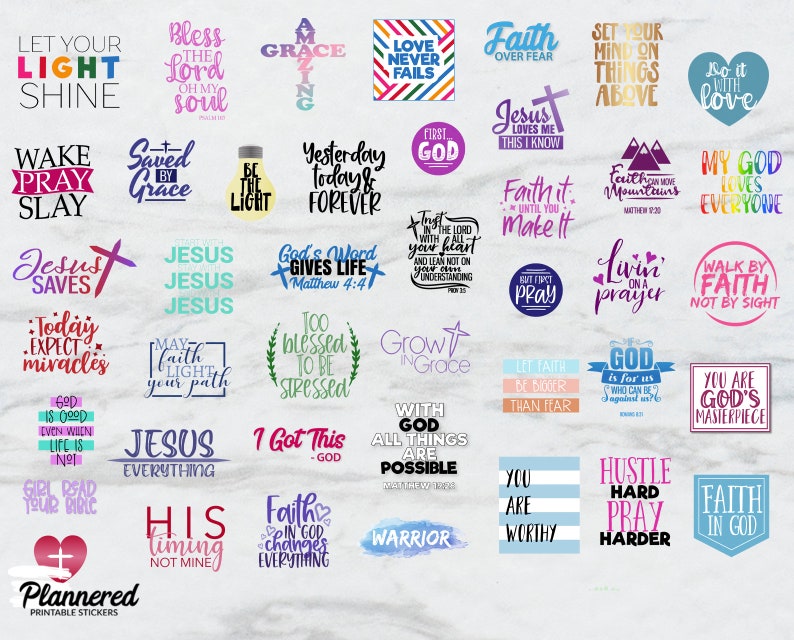 May include: A sheet of colorful stickers with Christian-themed quotes and sayings. The stickers feature a variety of colors, fonts, and designs. Some of the quotes include "Let Your Light Shine", "Jesus Saves", "Faith Over Fear", and "God is Good".