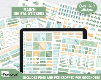 May include: A digital sticker set for March featuring over 500 stickers with a green, yellow, and blue color scheme. The stickers include various designs such as flowers, umbrellas, hearts, and text that says "Spring Cleaning", "International Women's Day", and "Happy St. Patrick's Day".