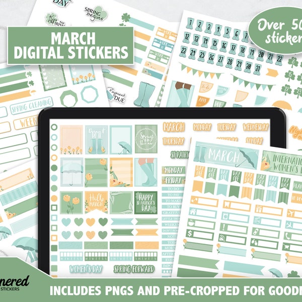 March Digital Stickers, 500+ March digital sticker set, Precropped goodnotes stickers for spring, March Monthly digital stickers, goodnotes