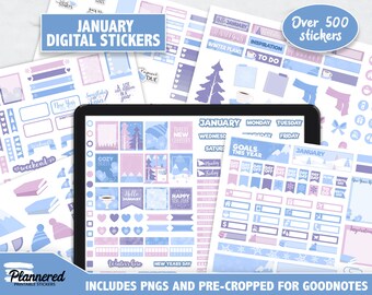 January Digital Stickers, 500+ digital January sticker set, Precropped goodnotes stickers for winter, Jan new year Monthly digital stickers