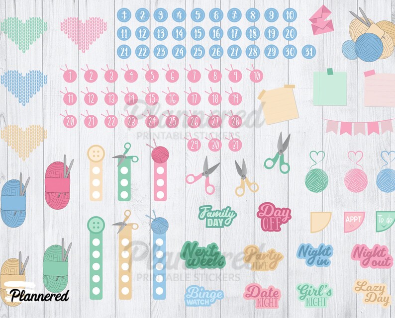 May include: A set of printable stickers for a planner, featuring a knitting theme. The stickers include yarn balls, knitting needles, scissors, and various phrases like "Family Day", "Day Off", "Next Week", "Binge Watch", "Date Night", "Girl's Night", "Lazy Day", "Night In", "Night Out", "Party Time", "Appt", "To Do", and "Plannered".
