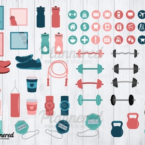 May include: A set of printable stickers featuring fitness and workout themed illustrations. The stickers include dumbbells, kettlebells, jump ropes, water bottles, and other fitness equipment. The stickers are in a variety of colours, including pink, blue, and grey.