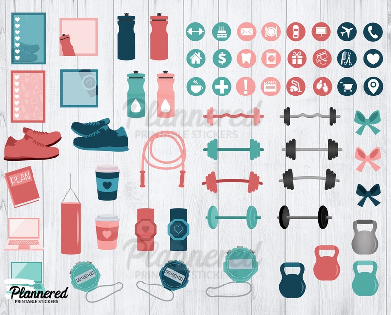 May include: A set of printable stickers featuring fitness and workout themed illustrations. The stickers include dumbbells, kettlebells, jump ropes, water bottles, and other fitness equipment. The stickers are in a variety of colours, including pink, blue, and grey.