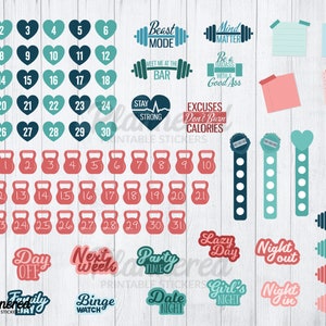 May include: A set of printable stickers for a planner or journal. The stickers feature a variety of designs, including hearts, dumbbells, kettlebells, and motivational quotes. The stickers are in shades of blue, green, pink, and red.