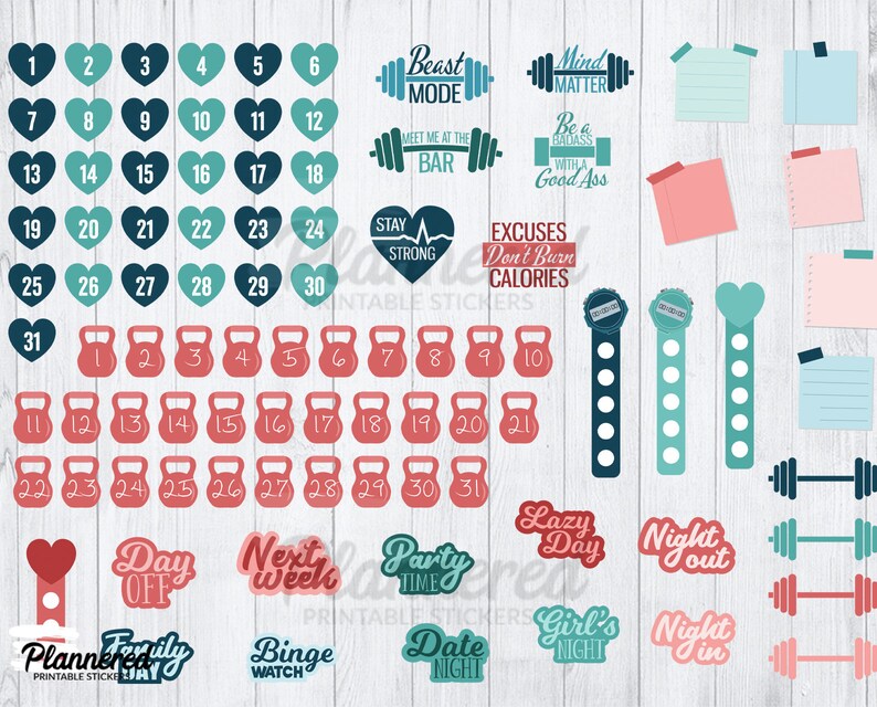 May include: A set of printable stickers for a planner or journal. The stickers feature a variety of designs, including hearts, dumbbells, kettlebells, and motivational quotes. The stickers are in shades of blue, green, pink, and red.