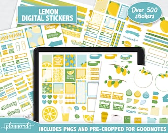 Lemon Digital Stickers, 500+ Summer lemon digital sticker set, Precropped goodnotes stickers lemonade, yellow and green digital stickers