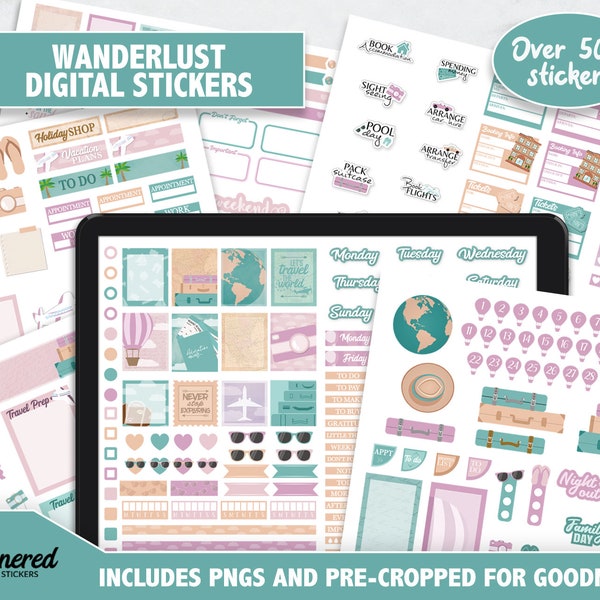 Wanderlust Digital Stickers, 500+ digital travel sticker set, Precropped goodnotes stickers for travel, whimsical vacation digital stickers