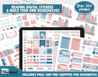 Reading Digital Stickers, 500+ digital book shelf sticker set, Precropped goodnotes stickers for readers, book and reading digital stickers