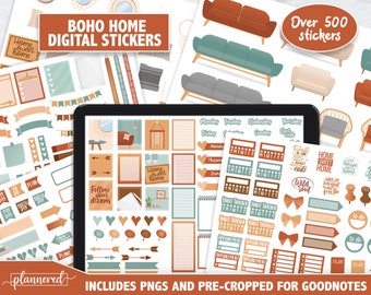 Boho Home Digital Stickers, 500+ digital cozy boho home sticker set, Precropped goodnotes stickers for boho home life, png digital stickers