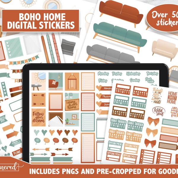 Boho Home Digital Stickers, 500+ digital cozy boho home sticker set, Precropped goodnotes stickers for boho home life, png digital stickers