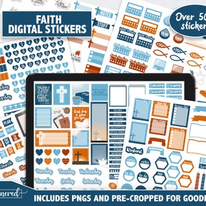 May include: A digital sticker set with over 500 stickers featuring a blue and orange colour scheme. The stickers include faith-based themes, such as crosses, doves, and bible verses. The stickers are pre-cropped for Goodnotes.