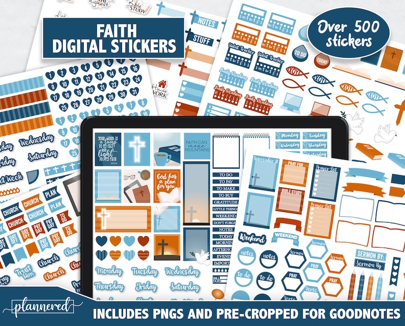 May include: A digital sticker set with over 500 stickers featuring a blue and orange colour scheme. The stickers include faith-based themes, such as crosses, doves, and bible verses. The stickers are pre-cropped for Goodnotes.