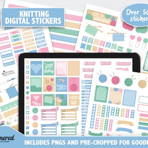 May include: Over 500 digital stickers for planners featuring a knitting theme. The stickers are in pastel colors of pink, blue, green, and yellow. The stickers include yarn balls, knitting needles, buttons, and text like "Time to unwind" and "Knitting is my happy place".