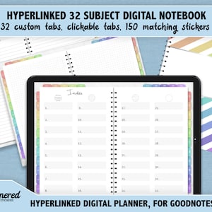 32 Subject Digital Notebook, Digital note book planner for Goodnotes, custom digital journal, lined, graph, hyperlinked tabs custom notebook
