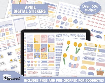 April Digital Stickers, 500+ April digital sticker set, Precropped goodnotes stickers for spring and easter, Monthly April digital stickers