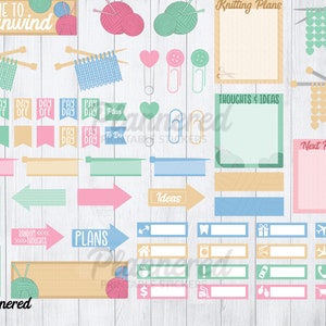 May include: A set of colorful printable planner stickers with a knitting theme. The stickers feature yarn balls, knitting needles, and text such as "Time to unwind", "Day Off", "Plans", "Thoughts & Ideas", and "Next Projects".