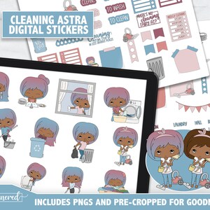 Astra Cleaning Digital Stickers - Astra stickers - Tan, Brown, Girl stickers, digital chores character sticker set, vacuum, cleaning, mop