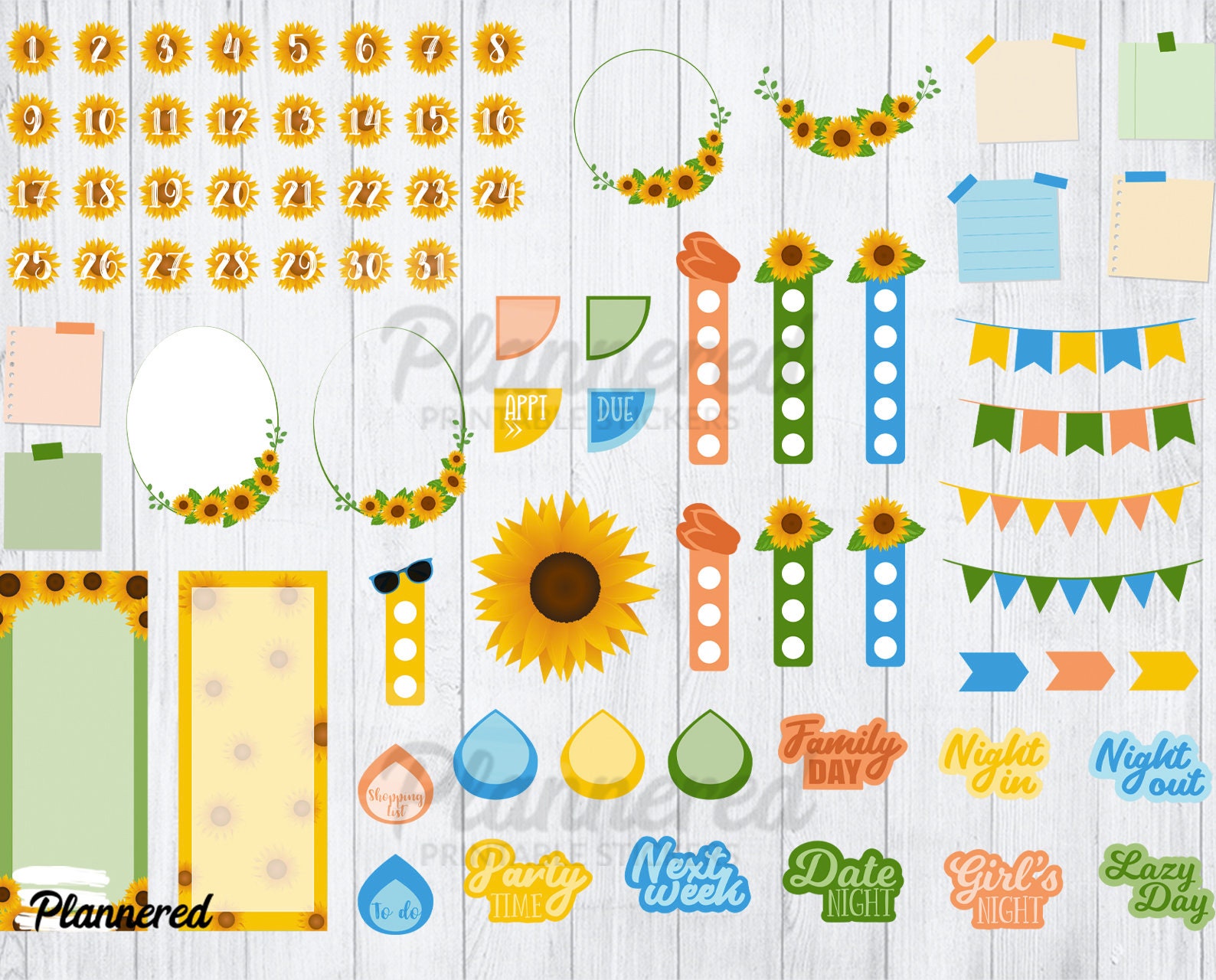 August Digital Stickers, 500+ Digital August Sunflower Sticker Set ...