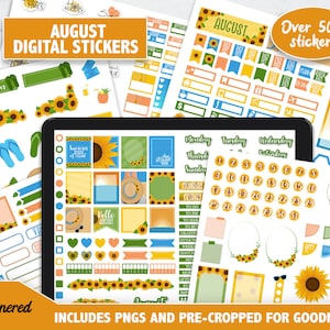 August Digital Stickers, 500+ digital August Sunflower sticker set, Precropped goodnotes stickers for summer, August Monthly digital sticker