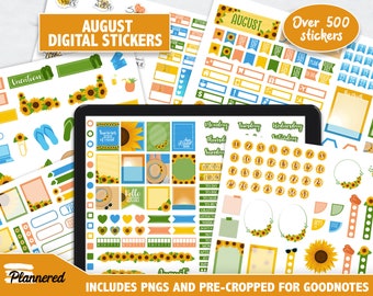 August Digital Stickers, 500+ digital August Sunflower sticker set, Precropped goodnotes stickers for summer, August Monthly digital sticker