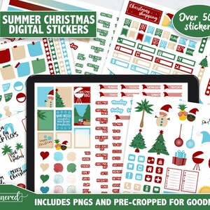 Puede incluir: Un conjunto de pegatinas digitales con tem&aacute;tica navide&ntilde;a de verano. El conjunto incluye m&aacute;s de 500 pegatinas con varios dise&ntilde;os, incluyendo palmeras, chanclas, Pap&aacute; Noel, &aacute;rboles de Navidad y mucho m&aacute;s. Las pegatinas est&aacute;n precortadas para su uso con Goodnotes.
