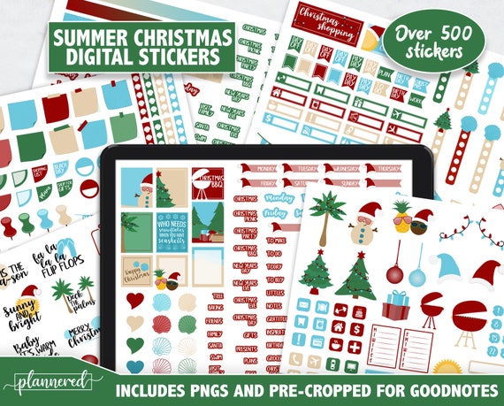 Summer Christmas Digital Stickers, 500+ Southern December 2021-2022 Precropped stickers, Tropical Christmas digital goodnotes stickers