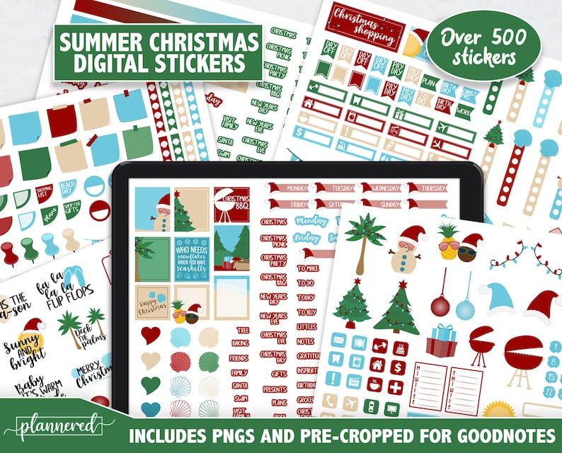 Puede incluir: Un conjunto de pegatinas digitales con tem&aacute;tica navide&ntilde;a de verano. El conjunto incluye m&aacute;s de 500 pegatinas con varios dise&ntilde;os, incluyendo palmeras, chanclas, Pap&aacute; Noel, &aacute;rboles de Navidad y mucho m&aacute;s. Las pegatinas est&aacute;n precortadas para su uso con Goodnotes.