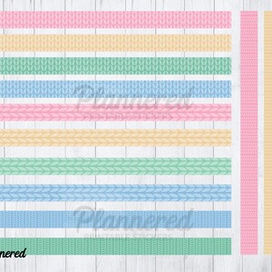 May include: A set of printable planner stickers with a knitted pattern in pink, yellow, green, and blue. The stickers are designed to be used in a planner or journal.