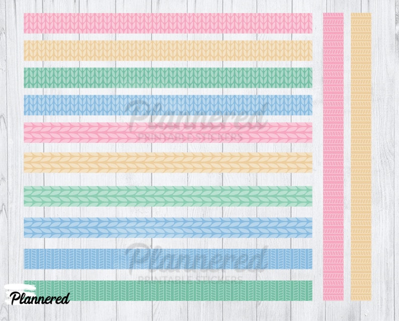 May include: A set of printable planner stickers with a knitted pattern in pink, yellow, green, and blue. The stickers are designed to be used in a planner or journal.