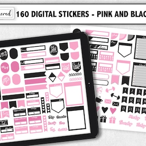 Adesivos digitais rosa e pretos, adesivos Goodnotes de produtividade, adesivos fofos de planejador diário, adesivos para ipad, adesivos digitais funcionais