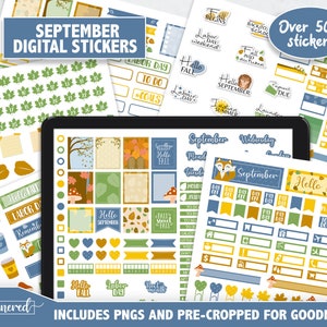 May include: A digital sticker set for September with over 500 stickers featuring fall and autumn themes. The stickers include various designs such as leaves, pumpkins, foxes, and the text "Hello Fall". The stickers are pre-cropped for Goodnotes and include PNG files.
