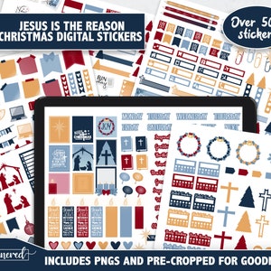 Op de afbeelding: Meer dan 500 digitale kerst stickers in blauw, rood en goud. De stickers bevatten een verscheidenheid aan kerstthema's, waaronder een kerststal, een kerstboom, een krans en een kruis. De tekst "Jezus is de reden" en "Meer dan 500 stickers" is in de afbeelding opgenomen.