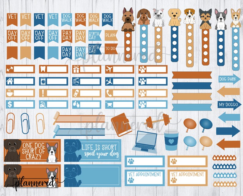 Puede incluir: Un conjunto de pegatinas imprimibles para planificadores con ilustraciones de perros adorables. Las pegatinas incluyen varios dise&ntilde;os, como "Dog Park", "My Doggo", "Vet Appointment" y "One Dog Short of Crazy". Las pegatinas son de color azul, marr&oacute;n y naranja.