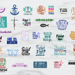 May include: A set of 24 printable stickers with Christian-themed quotes and designs. The stickers feature a variety of colors and fonts, including pink, blue, green, yellow, and orange. Some of the quotes include "God Has A Plan", "Trust Him", "He Is Risen", "Keep The Christ In Christmas", and "Love Never Fails".