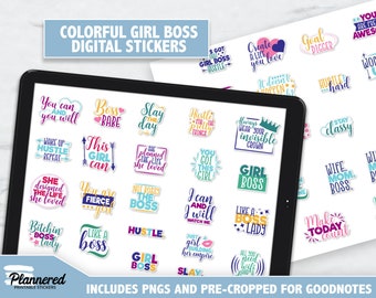 May include: A digital download of colorful stickers with motivational quotes for girl bosses. The stickers feature phrases like "You Got This Girl", "Girl Boss", "Hustle", and "Like a Boss".