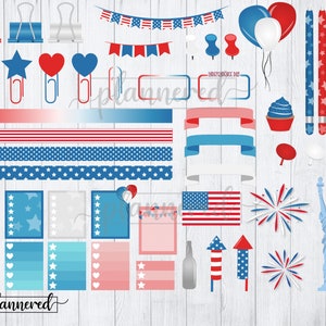 May include: A set of digital planner stickers featuring red, white, and blue stars, stripes, fireworks, and other patriotic designs. The stickers are perfect for adding a festive touch to your digital planner.