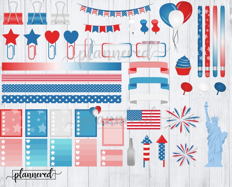 May include: A set of digital planner stickers featuring red, white, and blue stars, stripes, fireworks, and other patriotic designs. The stickers are perfect for adding a festive touch to your digital planner.