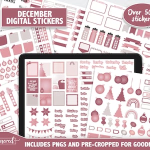 ピンクの 12 月デジタル ステッカー、500+ デジタル クリスマス 2021-2022 グッドノート ステッカー、事前にトリミングされたグッドノート、コージー 12 月デジタル プランナー ステッカー