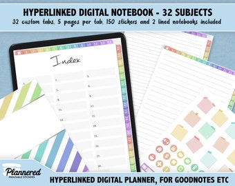 Vertical Digital Notebook, 32 subject planner notebook for Goodnotes, custom digital notebook, lined pages, hyperlinked digital planner