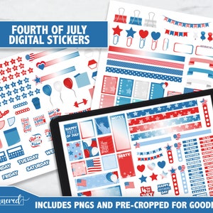 May include: Digital stickers for Goodnotes featuring a Fourth of July theme. The stickers include red, white, and blue stars, stripes, flags, and other patriotic designs. The stickers are pre-cropped for Goodnotes and include PNG files.