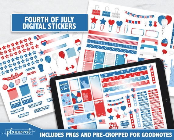Fourth of July Digital Stickers, Independence Day Digital Goodnotes Stickers, 247 stickers for 4th July party, precropped goodnotes stickers
