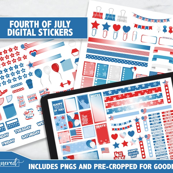 Fourth of July Digital Stickers, Independence Day Digital Goodnotes Stickers, 247 stickers for 4th July party, precropped goodnotes stickers